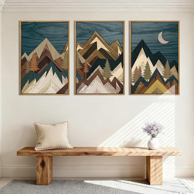 BINCUE Framed Mountain Wall Art Landscape Wall Decor Moon and Nature Artwork Mountains Wall Pictures Nature Landscape Art Prints Rustic Mountain Paintings for Farmhouse Bedroom Living Room Office 16x24 Inches Set of 3