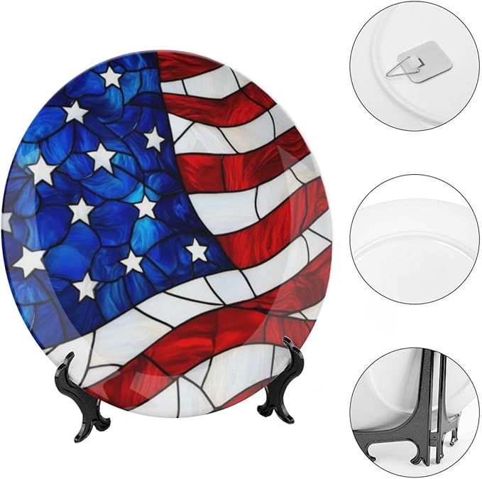 Stars and Stripes Theme Decorative Ceramic Plate Round Porcelain Plate,8 inch,American Stained Glass Pattern,for Decorative Ornaments Giving Plates,1 Plate with 1 Display Stand,Red Blue