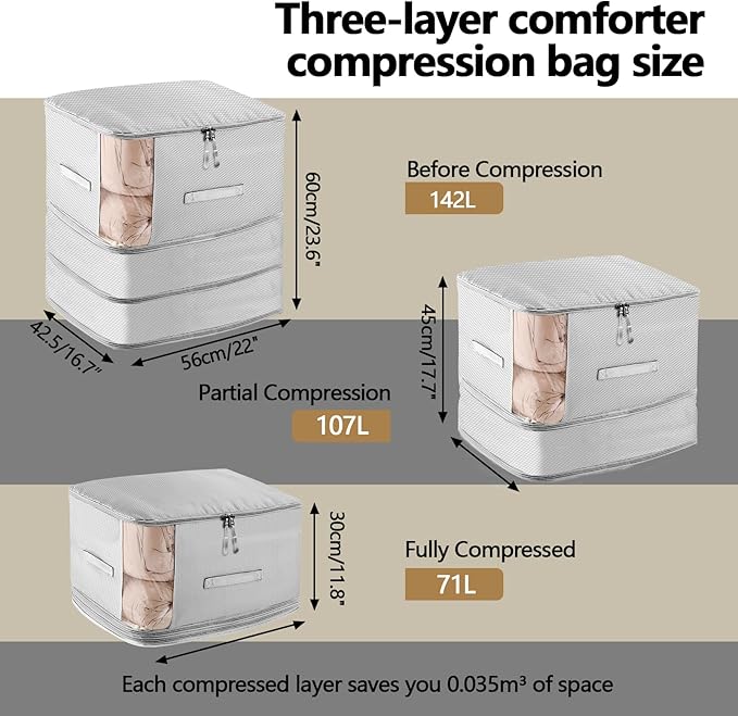 2 Pack Space Saving Comforter Storage Bag with Handle, 3-Layer Compression Blanket Storage Bags Adjustable In 3 Sizes (142L, 107L, 71L), Washable Bedding Organizer For Pillow Duvet Clothing Plush Toy