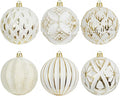 XmasExp Vintage Rustic Christmas Ball Ornaments Sets, Neutral Shatterproof Christmas Ornaments Farmhouse Christmas Tree Decorations Large Hanging Ball for Xmas Home Party （White Gold, 6Pcs