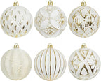 XmasExp Vintage Rustic Christmas Ball Ornaments Sets, Neutral Shatterproof Christmas Ornaments Farmhouse Christmas Tree Decorations Large Hanging Ball for Xmas Home Party （White Gold, 6Pcs