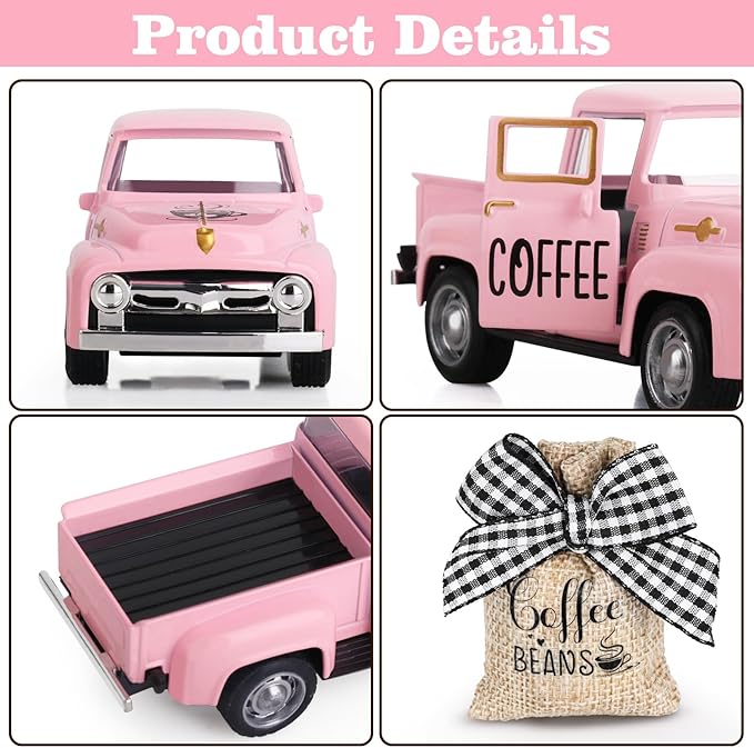 Hooqict Coffee Bar Decor Mini Metal Pink Truck with Coffee Beans Burlap Sack for Pink Home Farmhouse Kitchen Tiered Tray Decor Coffee Bar Accessories Coffee Station Vintage Pickup Valentines Day