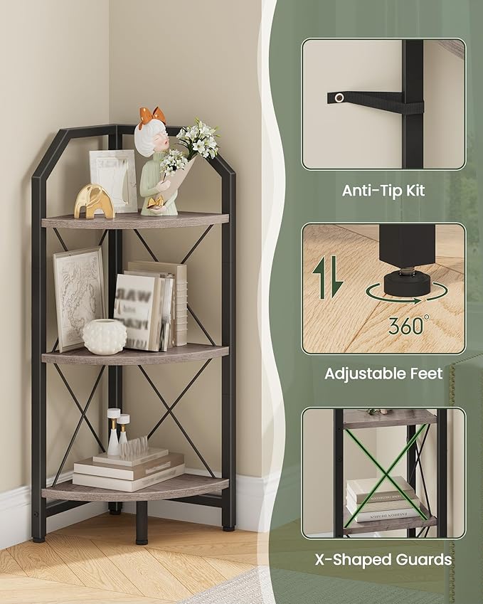 CHOEZON 3-Tier Corner Shelf, Industrial Corner Bookshelf, 35.4" Storage Stand, Plant Stand Display Shelf, Bookcase for Bedroom, Living Room, Home Office, Greige and Black TCJ03BG