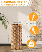 Rattan Umbrella Stand for Entryway,Hand-Woven Umbrella Holder Indoor with Doormat, Removable Drip Tray & 4 Hooks,Waterproof Umbrella Storage Basket