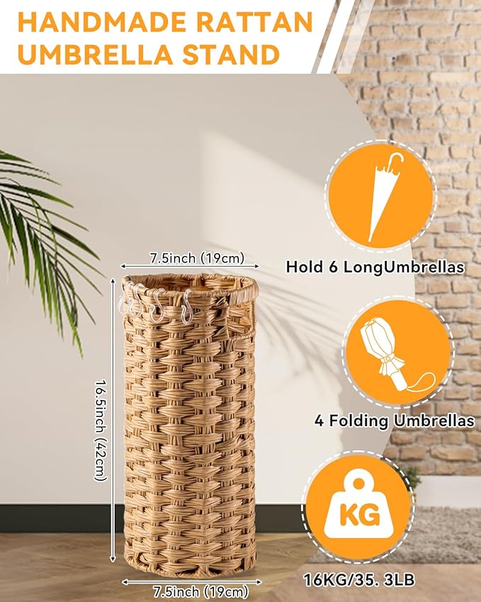 Rattan Umbrella Stand for Entryway,Hand-Woven Umbrella Holder Indoor with Doormat, Removable Drip Tray & 4 Hooks,Waterproof Umbrella Storage Basket