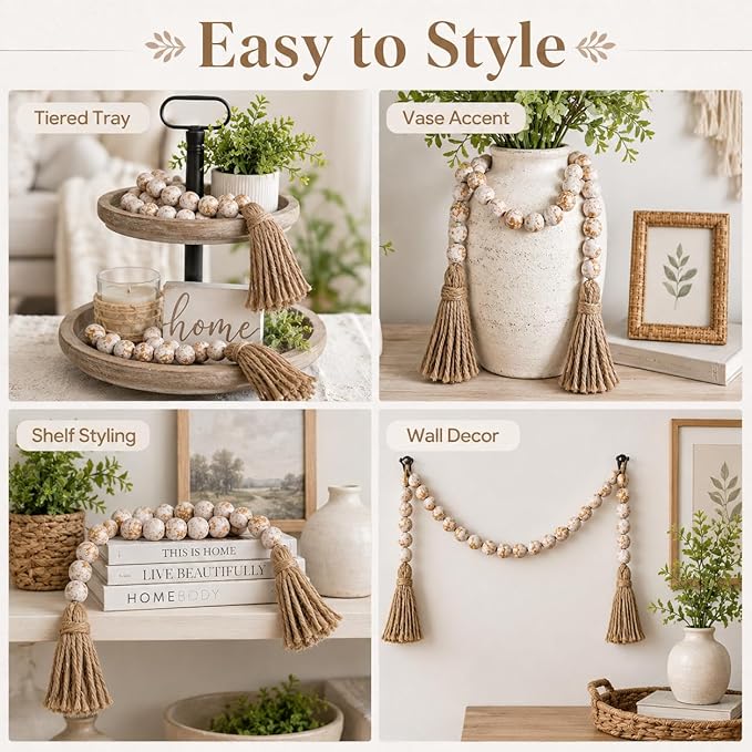 IMIKEYA Wooden Beads Garland: Farmhouse Wood Bead Garland with Tassels Boho Wall Hanging for Home Decor Tiered Tray Rustic Wood Prayer for Coffee Table Decor