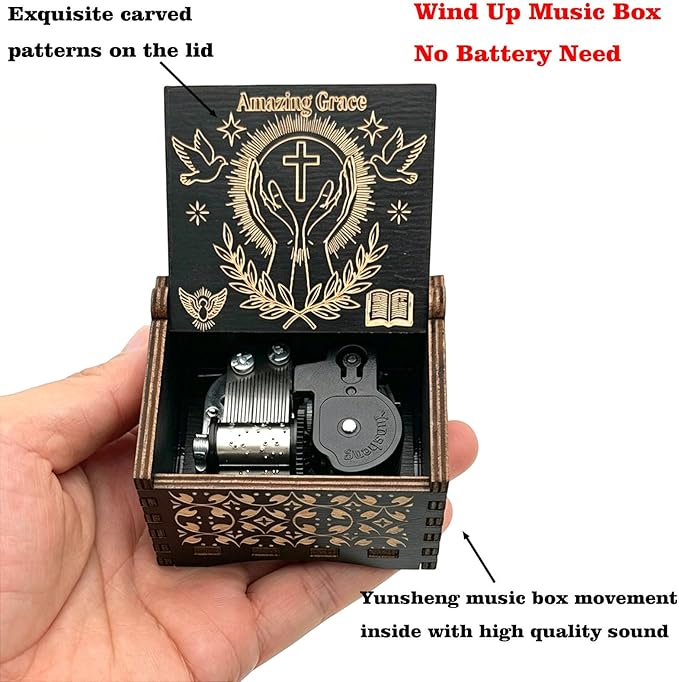 Pursuestar Black Wooden Wind Up Music Box - Amazing Grace, Vintage Engraved Wood Mechanism Musical Gifts for Anniversary Mother's Day Valentine's Day Christmas Thanksgiving Birthday