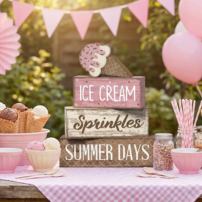 Lineshading 4 Pcs Summer Table Decoration Ice Cream Wooden Sign Pink Brown Rustic Summer Tiered Tray Decor Ice Cream Sprinkles Centerpieces for Home, Dining Room & Coffee Bar Kitchen