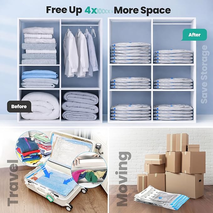 20 Pack Vacuum Storage Bags, Plastic Space Saver Seal Bags (4 Jumbo/4 Large/4 Medium/4 Small/4 Roll) Compression for Clothes, Mattress, Blankets and Bedding Storage, Hand Pump Included