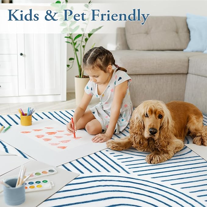 Lahome Abstract Washable Area Rugs 5x7, Soft Blue Rugs for Living Room Ultra-Thin Non-Shedding Bedroom Rug, Modern Throw Rug Large Carpet for Dining Room Classroom Office(5'x7',Blue/White)