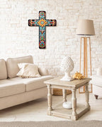 Putuo Decor Floral Cross Wall Decor Hand Painted Decorative Wooden Inspirational Cross Spanish Style Wall Cross Decor Mexican Art Wall Decor Crucifix for Home Room Church Decoration