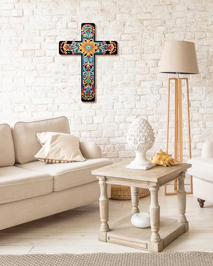 Putuo Decor Floral Cross Wall Decor Hand Painted Decorative Wooden Inspirational Cross Spanish Style Wall Cross Decor Mexican Art Wall Decor Crucifix for Home Room Church Decoration