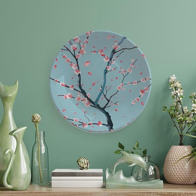 Japanese Spring Theme Decorative Ceramic Plate Round Porcelain Plate,Sakura Tree Branches Pattern,for Decorative Ornaments Giving Plates, 1 Plate with 1 Display Stand,Blue Pink,7 inch