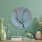 Japanese Spring Theme Decorative Ceramic Plate Round Porcelain Plate,Sakura Tree Branches Pattern,for Decorative Ornaments Giving Plates, 1 Plate with 1 Display Stand,Blue Pink,7 inch
