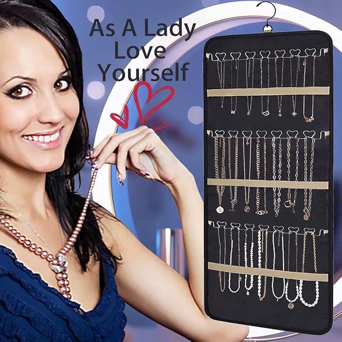 48 Pocket Oxford Fabric Double Sided Hanging Rotating Jewelry Organizer with Hanger Hooks for Earrings, Necklaces, Rings, Bracelets and Other Jewelry Storage
