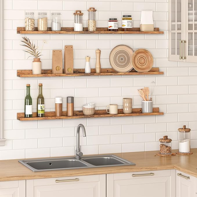 HOOBRO Floating Shelves, Wall Shelf Set of 3, 47.2 Inches Hanging Shelf with Raised Edge and Invisible Brackets, for Bathroom, Bedroom, Kitchen, Office, Living Room Decor, Rustic Brown BF92BJ01