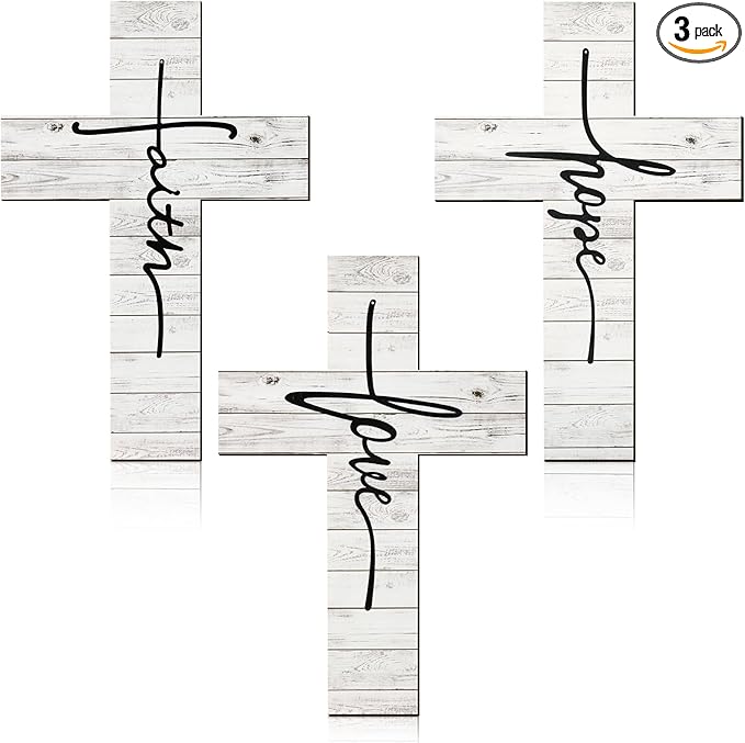 Jetec 3 Pieces Easter Faith Love Hope Cross Sign Crosses Wall Decor Wood Wall Hanging Rustic Cross Vintage Religious Love Art Decor Farmhouse Home Hanging Decorations, 12 x 8 Inch(White)