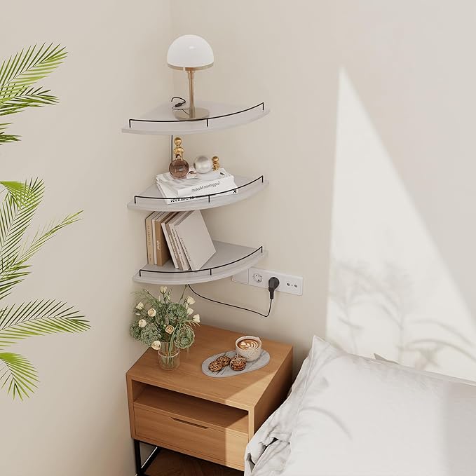 JJL Corner Shelf Wall Mounted, 12 Inches 3-Tier Floating Corner Shelf, Fan-Shaped Rustic Wood Decor with Fence, White Floating Shelves for Apartment Bedroom Kitchen Bathroom