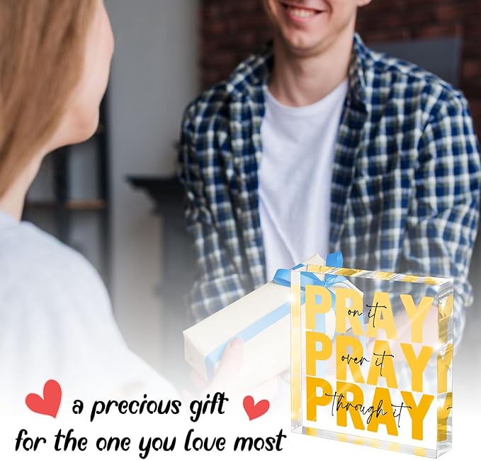 Yellow Dorm Room Decor for Women, Yellow Bathroom Decoration, Ideal Christian Gifts for Women - Pray On It,Pray Over It - Bible Verse Desk Art, Inspirational Decor, Desk Decorations for Office, 4 x 4 inches