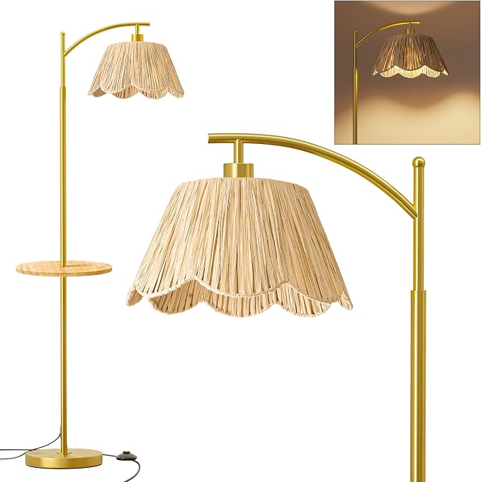 Oneach Floor Lamp with Table for Bedroom, Boho Standing Lamps with Foot Switch, Farmhouse Floor Lamp for Living Room, Arc Rattan Lamps with Gold Metal Base & Pole, Ideal for Home Décor