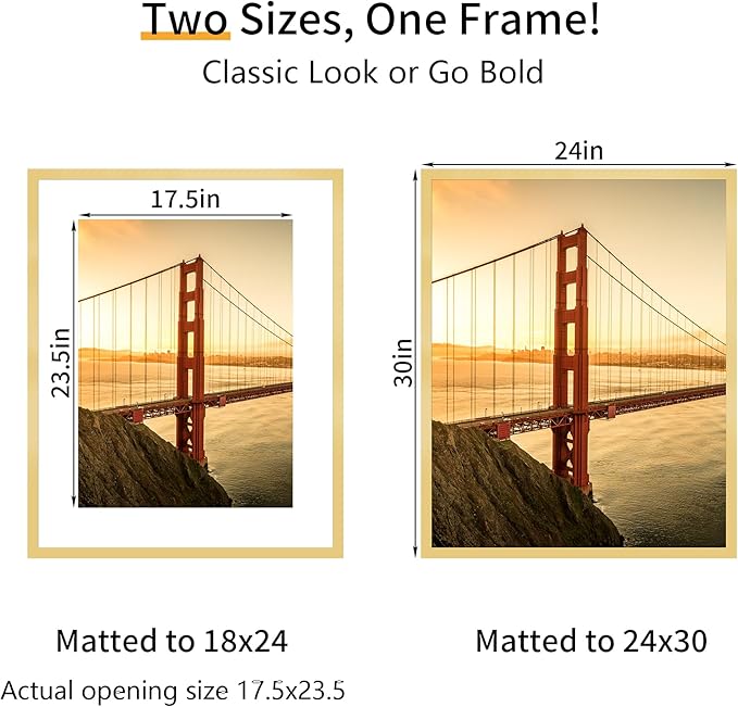 24x30 Picture Frame 3 Pack - Gold Poster Frame Display Pictures 18x24 with Mat or 24 x 30 Without Mat for Wall Hanging Horizontal and Vertical
