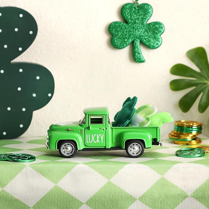 St. Patrick's Day Decorations for Home - Decor for Tiered Tray Metal Farm Truck with 3 Shamrocks Saint Patricks Day Vintage Diecast Pickup Truck Model for Shelf Table Centerpiece Décor Mini 4.8inch
