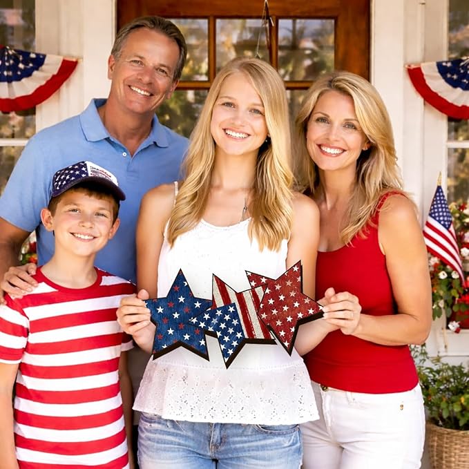 Wooden 4th of July Decorations Patriotic Wreaths for Front Door Independence Day Decorations Star Sign Welcome Memorial Day Hanging for Home Wall Decor Outdoor Indoor Red White and Blue Wreath 5