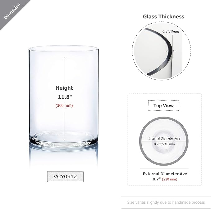 WGV Cylinder Vase, Width 9", Height 12", Clear Wide Large Diameter Flower Glassware, Floral Container, Planter Terrarium for Wedding Party Event, Home Accent Decor, 1 Piece