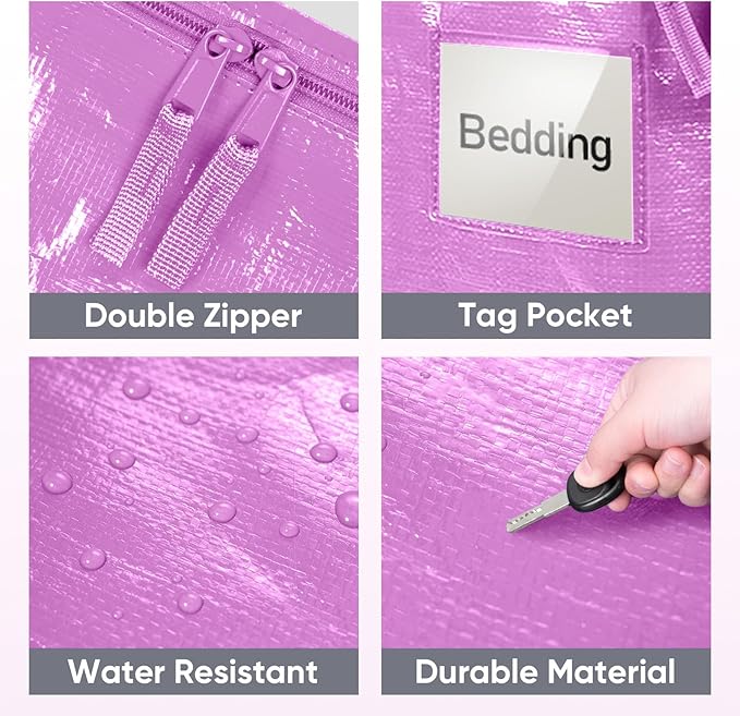 TICONN 2 Pack Extra Large Moving Bags Heavy Duty with Zippers & Carrying Handles, Durable Storage Bags Moving Boxes for Closet Organizers and Storage (2 Pack, Pink)