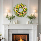 Lemon Eucalyptus Wreath for Front Door - 22 Inch Artificial Lemon Wreath with Fabric Leaves & Pink Camellias, Farmhouse Kitchen Decor, Spring Summer Welcome Wall Hanger
