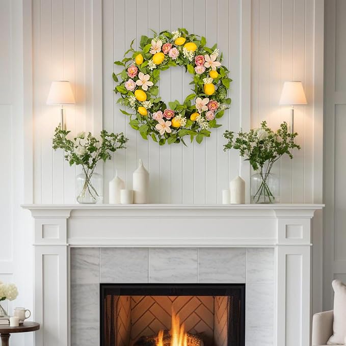 Lemon Eucalyptus Wreath for Front Door - 22 Inch Artificial Lemon Wreath with Fabric Leaves & Pink Camellias, Farmhouse Kitchen Decor, Spring Summer Welcome Wall Hanger