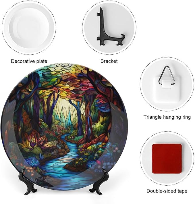 Stained Glass Theme Decorative Ceramic Plate Round Porcelain Plate,8 inch,Sunrise Forest Stream Pattern,for Decorative Ornaments Giving Plates, 1 Plate with 1 Display Stand,Multicolor