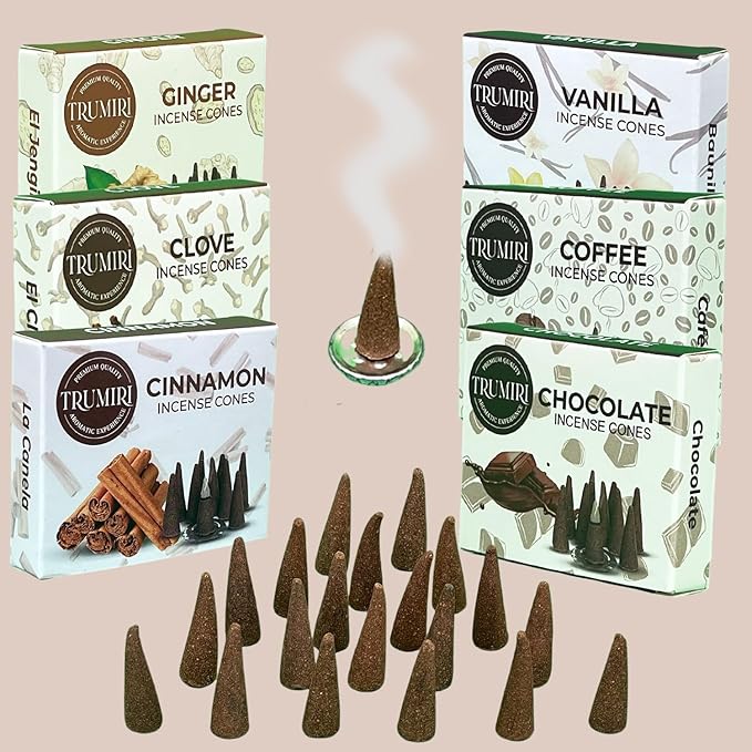 TRUMIRI Gourmet Incense Cones - Variety Pack - Total 60 Cone Incense (6 Scents x 10 Conos) - Vanilla, Cinnamon, Coffee, Chocolate, Clove, Ginger - Cone Incense Scents - Insense Cones - Incent Cone