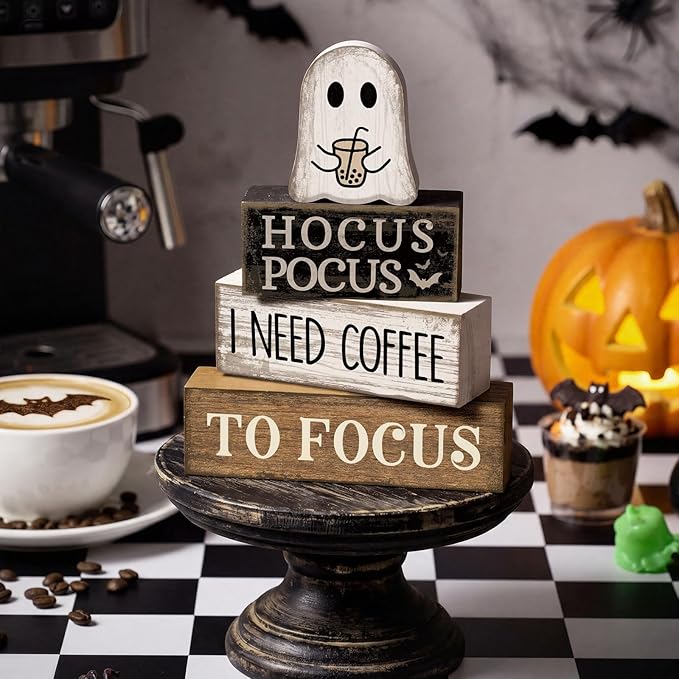 Lineshading 4 Pcs Halloween Coffee Table Decor Coffee Ghost Wooden Stack Block Decor Halloween Tiered Tray Decoration Farmhouse Ghost Tabletop Centerpiece Decorations for Home Kitchen Office Bar Shelf