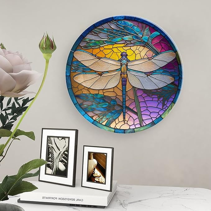 Decorative Plates, Stained Glass Window Design w/Dragonfly Display Plate for Home Office Kitchen Table Decor Porcelain Plates 8 Inch, Birthday Gifts
