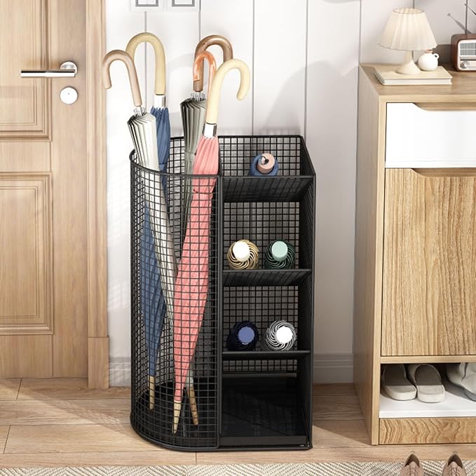 Commercial Metal Umbrella Holder Indoor Large-Capacity Umbrella Storage Shelf Umbrella Basket with Removable Drip Tray for Entryway Metal Entrance Umbrellas Organizer(Black)