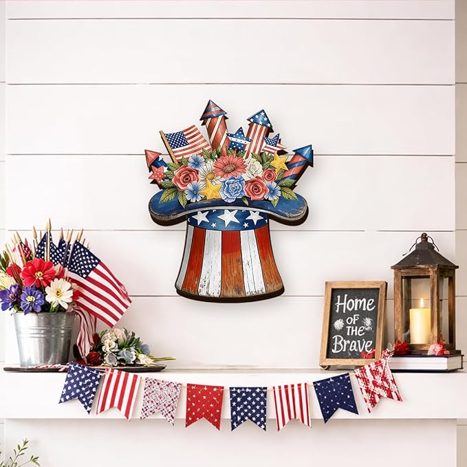 Wooden 4th of July Decorations Patriotic Wreaths for Front Door Independence Day Decorations Star Sign Welcome Memorial Day Hanging for Home Wall Decor Outdoor Indoor Red White and Blue Wreath 7