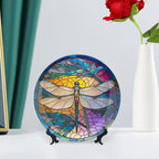 Decorative Plates for Wall Hanging, Stained Glass Window Design w/Dragonfly Ceramic Plate, Wobble-Plate with Display Stand, Home Decor for Kitchen Cabinets, Farmhouse Round Tray 7 Inch