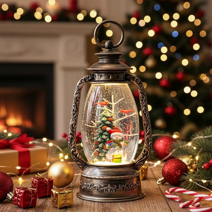 Christmas Snow Globe Lantern Water Glittering Snowman with Christmas Tree, USB Lined/Battery Operated Lighted Lantern for Christmas Festival Decoration Gifts