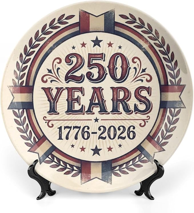 250th Anniversary Decorative Plates 10 Inch Vintage Patriotic Decorations Commemorative Plates with Stand Independence Day 4th of July Semiquincentennial Home & Office Decor