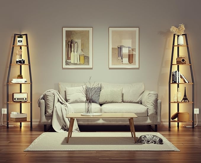 Furnulem 5 Tier Corner Shelf with LED Light, 67.2” Tall Standing Shelf for Wall Corner, Narrow Bookshelf Ladder Shelf for Bedroom, Living Room, Plant, Wood Storage Rack, Metal Frame (Rustic Brown)