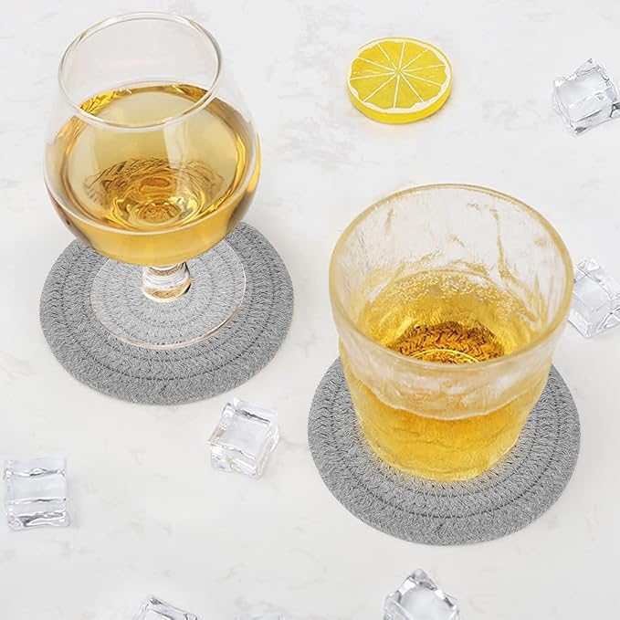 ABenkle 8 Pcs Drink Coasters with Holder, Cotton Woven Absorbent Coasters for Drinks, Minimalist Home Decor Coaster Set for Wooden Tabletop Protection Table, 4.3 inches