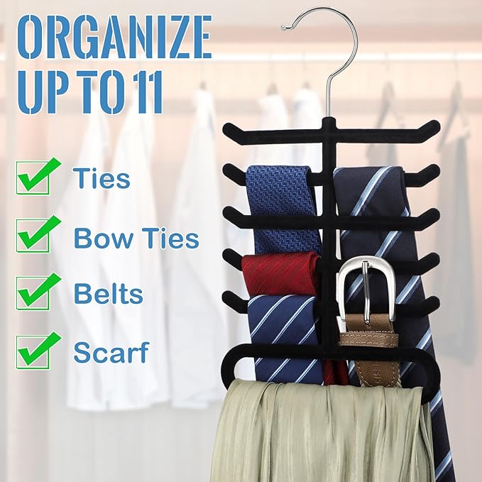 Kathfly 8 Pcs Non-Slip Velvet Tie Hanger for Closet, 360 Degree Swivel Space Saving Tie Rack Organizer for Men Bulk, Necktie Belt and Scarves Hanger for Closet, Black Flocked
