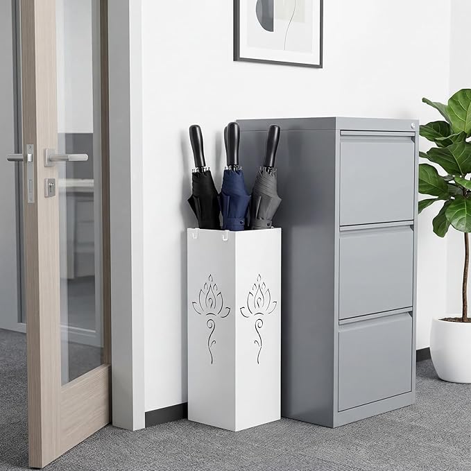 Square Metal Umbrella Holder, Square Free Standing Umbrella Rack Decorative Umbrella Holder Hollow Cutout Pattern Design for Umbrella Cane Entryway Home Office 19.49" X 6.1" X 6.1" (White hollowed out