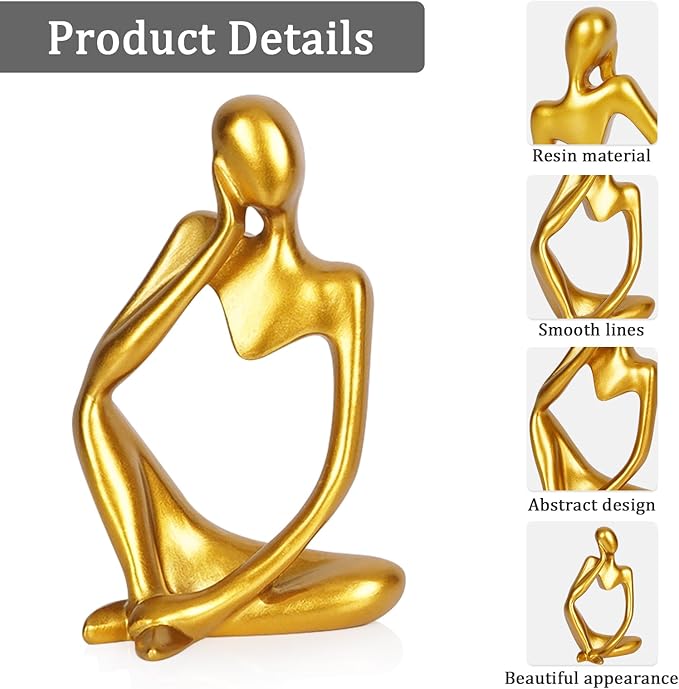 Sandstone Resin Thinker Style Abstract Sculpture Statue Collectible Figurines Home Office Bookshelf Desktop Decor (Small Gold, 3pcs)