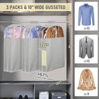 MISSLO 10" Gusseted Garment Bags for Hanging Clothes 32" Suit Bags for Closet Storage Clothing Covers for Shirts, Coats, 3 Packs, Grey