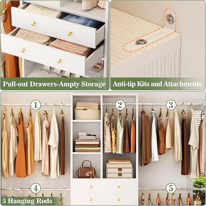 Closet System, 4.2–8.8 FT Closet Organizer with 2 Wooden Drawers and Shelves, Walk-in Closet System with Hanging Rods, Built-in Closet Tower, Can Fit 60 to 96 inch, White