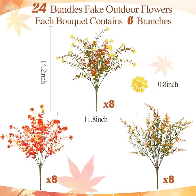 MACTING Fall Artificial Flowers for Outdoors 24 Bundles Faux Mums Outdoor Plants UV Resistant Fake Plastic Greenery Shrubs for Planters Garden Patio Porch Balcony Outside Autumn Thanksgiving Decor