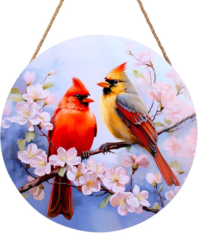 Harooni Spring Cardinal Door Wreaths, Wooden 12x12 inch Door Hanger with Floral Design, Farmhouse Wall Sign for Home Yard Garden Decoration