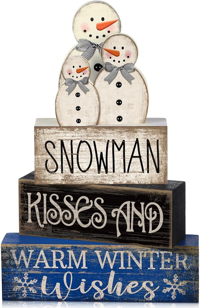 Lineshading 4 Pcs Winter Table Decor Wooden Snowman Decorations Winter Tiered Tray Decor Christmas Centerpieces Rustic Decorative Snowman Block Signs Gift Farmhouse for Kitchen Home Desk